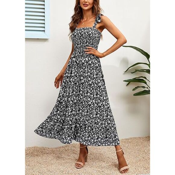 Imily Bela Tie Strap Boho Floral Smocked Ruffle Maxi Dresse, S, 1F-141D001 - Picture 2 of 2